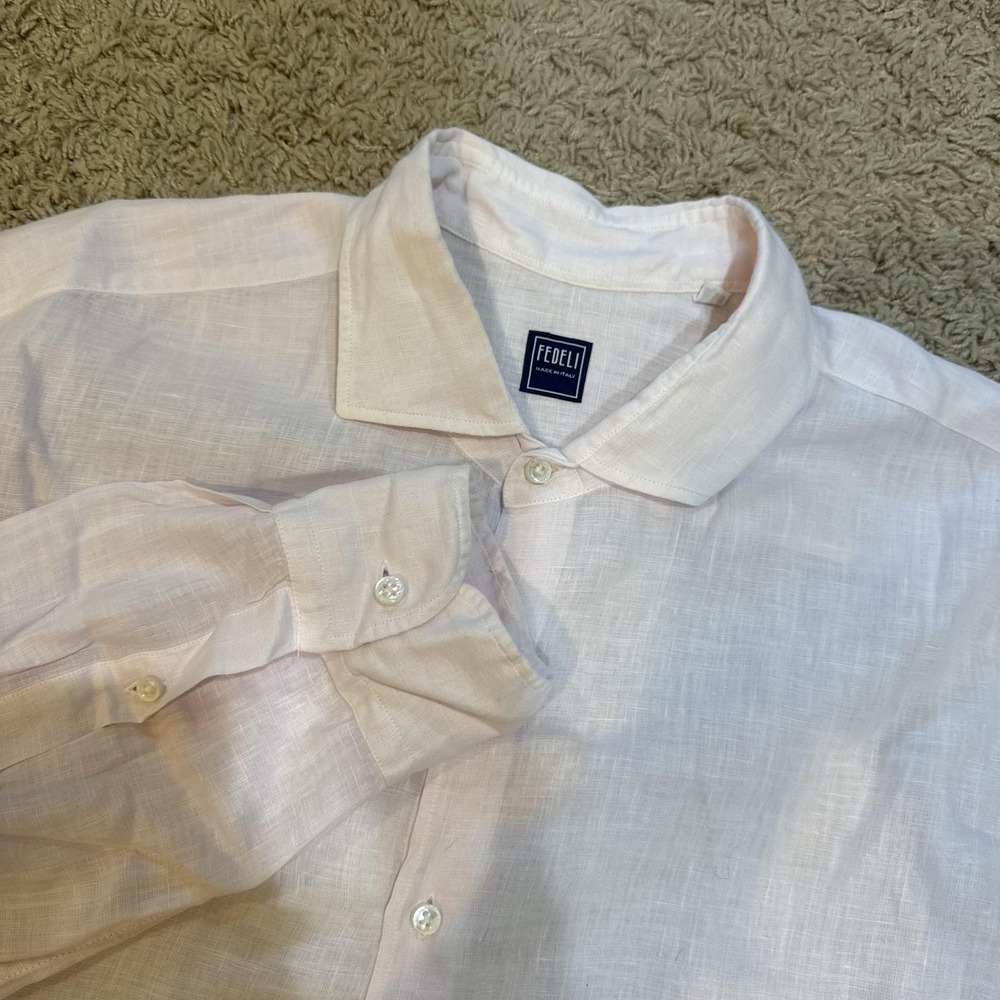 Fedeli Shirt Mens XL Pink Linen Long Sleeve Button Up Made Italy Casual